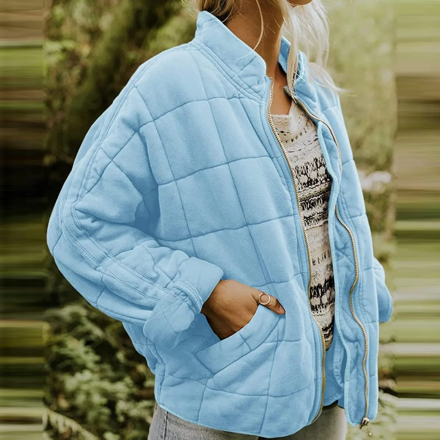 Женская легкая стеганая куртка oversize с длинным рукавом, Azzurro — фото 2