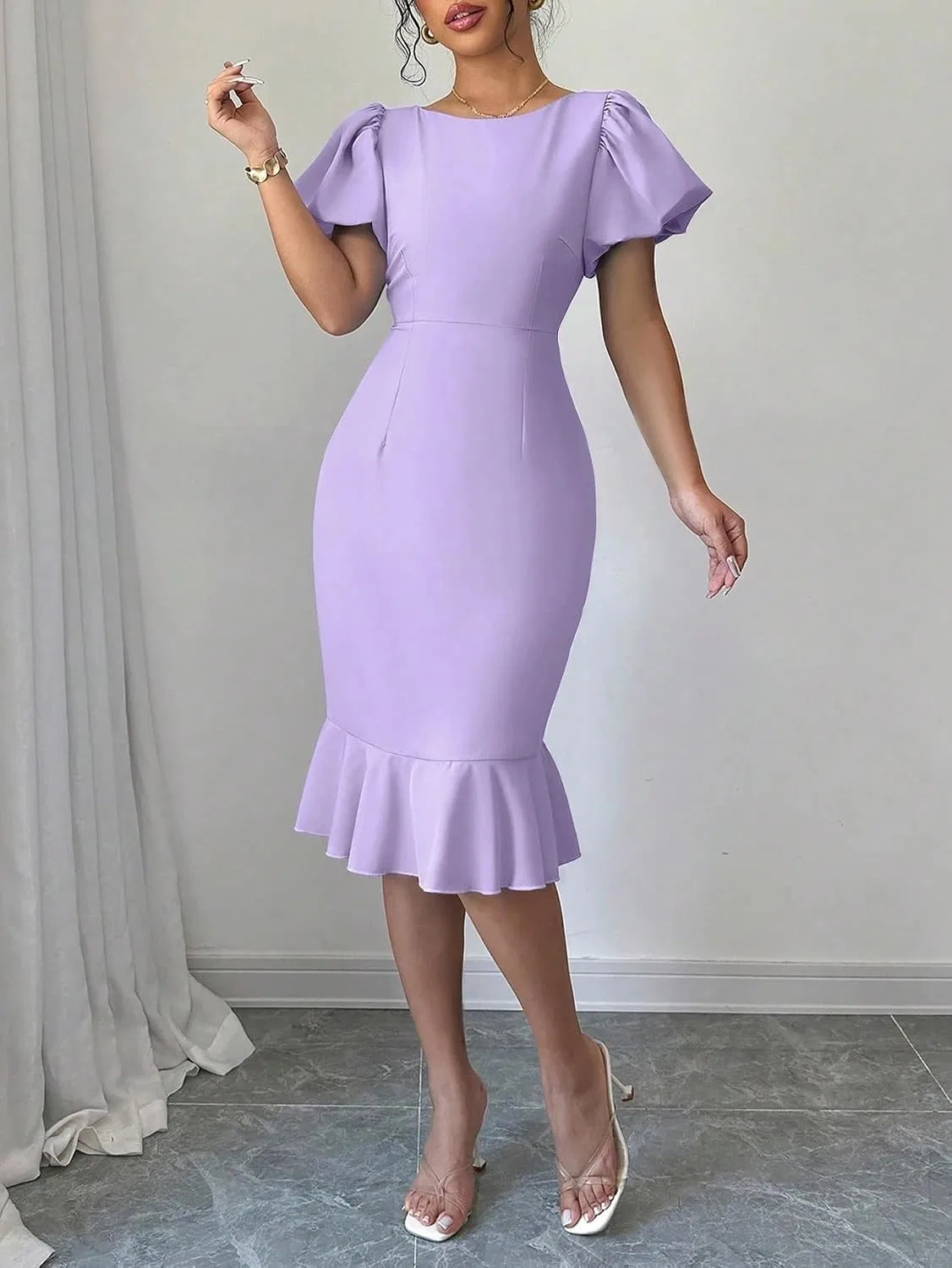 Женское элегантное платье с пышными рукавами и оборками Purple — фото 3