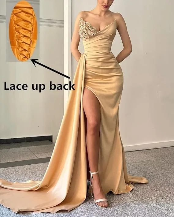 Женское атласное бальное платье-русалка Strapless Sequin Beaded Long Formal Evening Party Gown, Mauve — фото 3