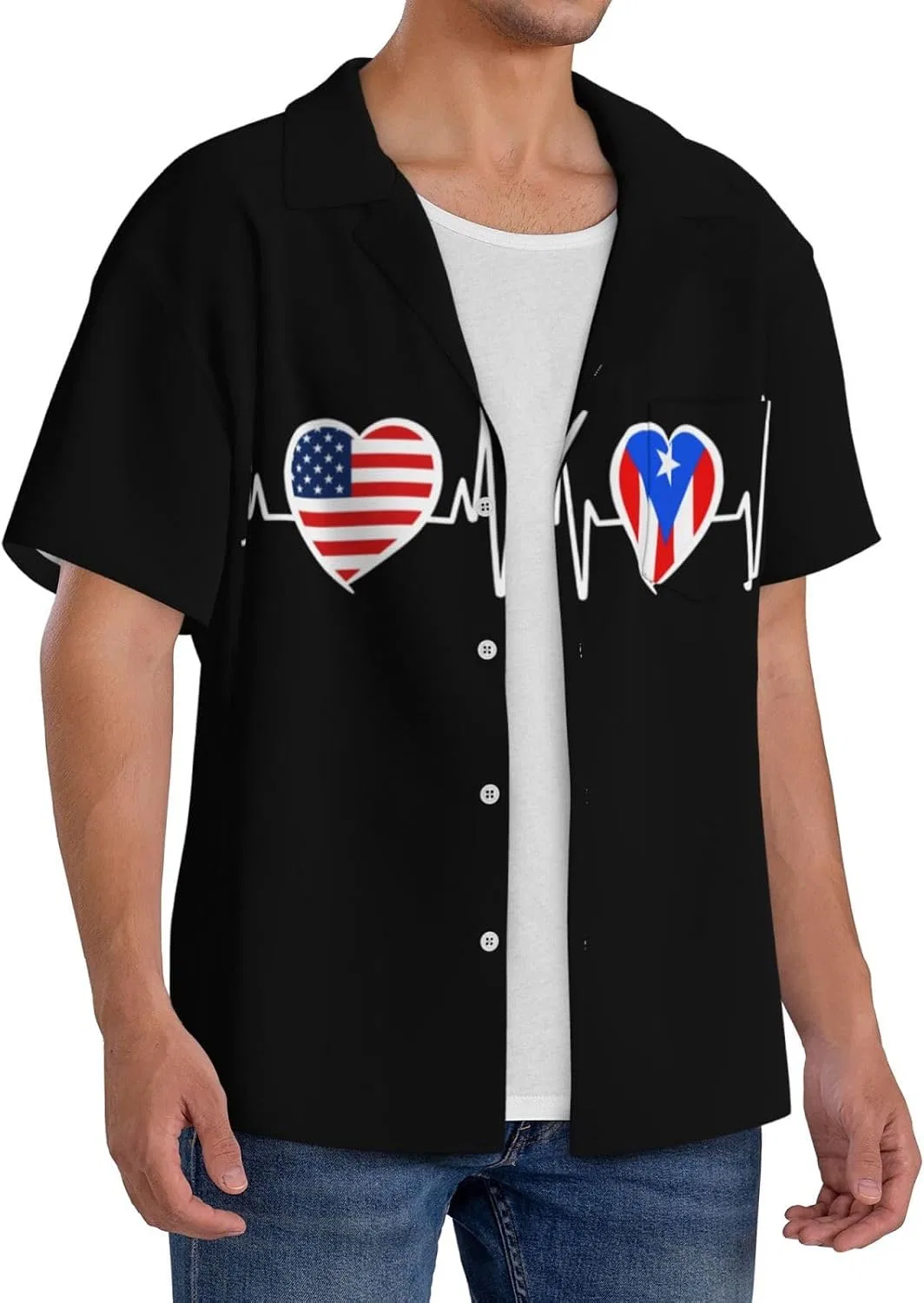 Мужская свободная футболка с принтом флага Пуэрто-Рико Cuba Collar, Black — фото 2