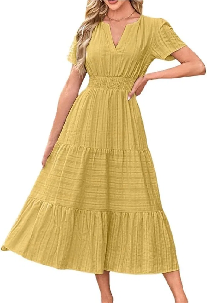 Женское повседневное платье макси с плиссе, Yellow