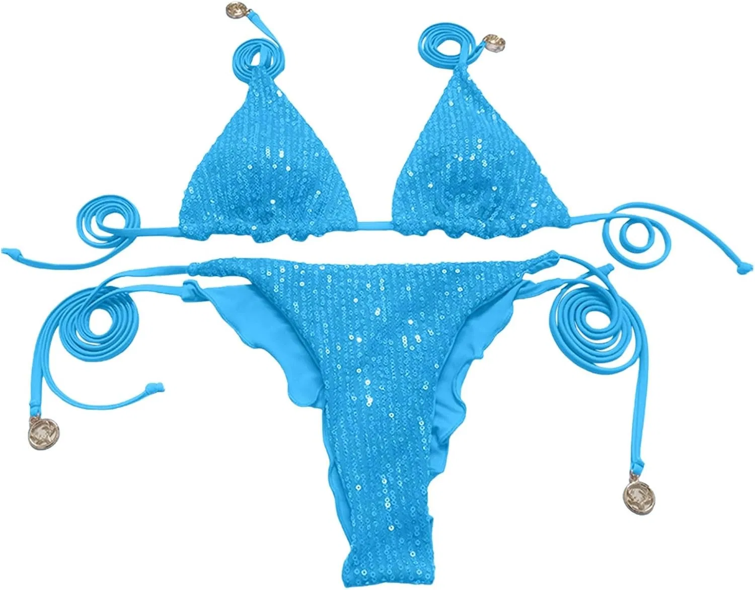 Женский бикини-сет с блестящей ребристой тканью, Push Up треугольник, Halter, Blue — фото 3