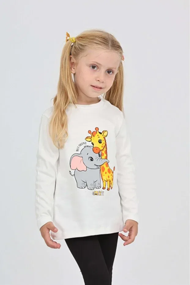 Детские свитшот для девочек с принтом Giraffe Elephant Toontoy, Ecru