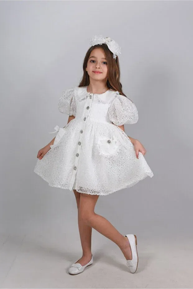 Детское платье для девочек с вышивкой Special design Mialora Exclusive By Emel Ebru Özdemir, White — фото 3