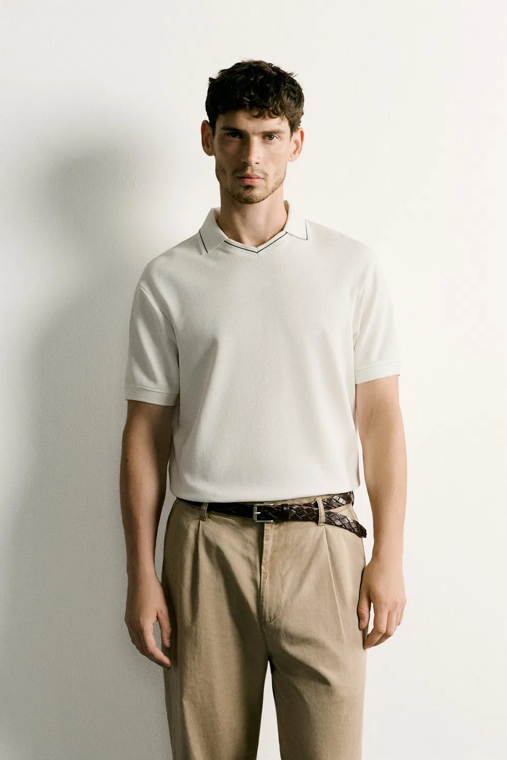 Контрастная рубашка-поло стандартного кроя ZARA, Oyster-white — фото 2