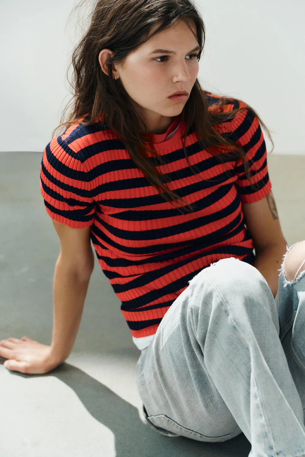 Вязаный топ в полоску с ребристой отделкой ZARA, red/navy — фото 3