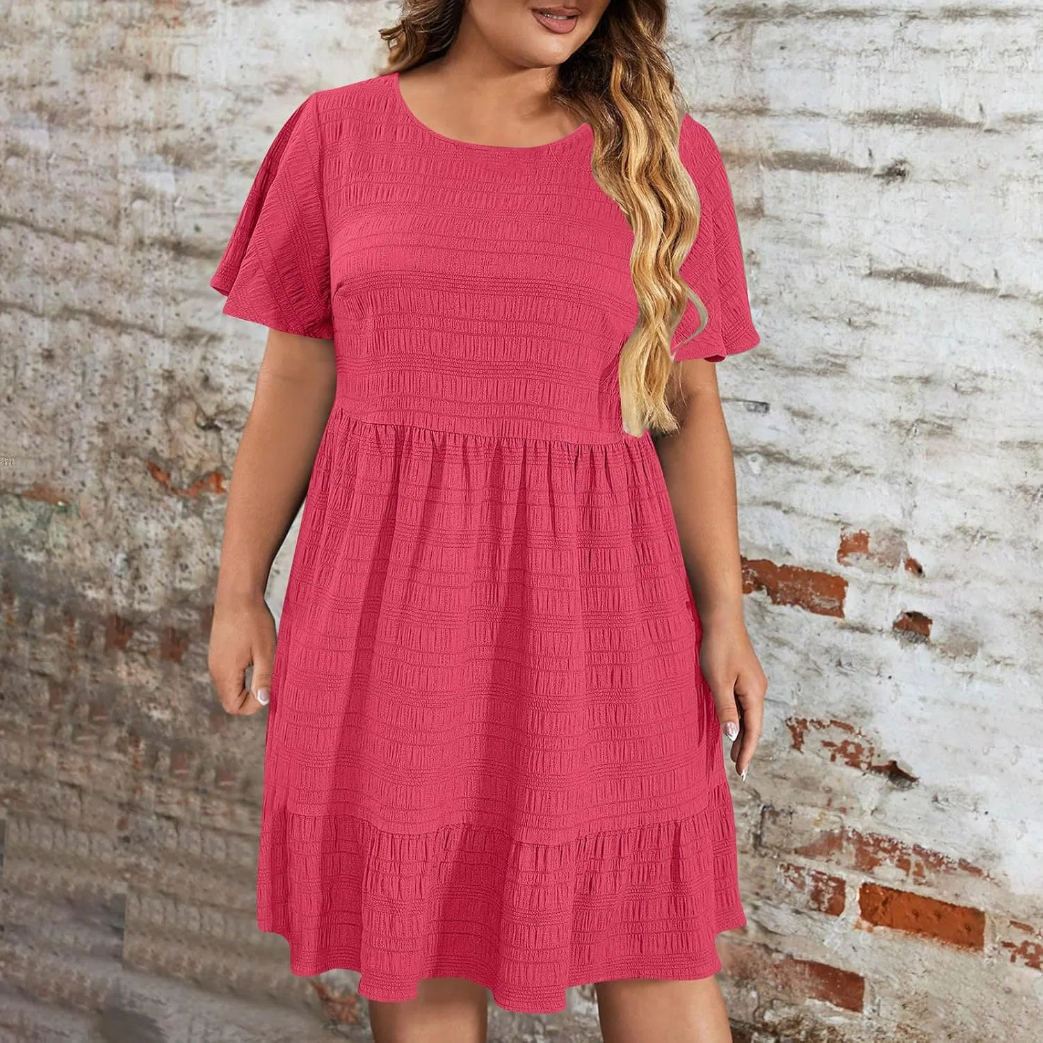 Повседневное платье свободного кроя с высокой талией, Hot Pink — фото 2
