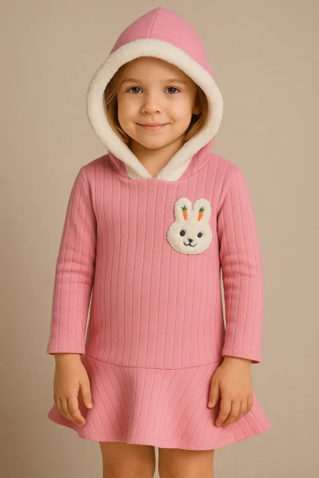 Детское платье для девочек с длинным рукавом Rabbit Pattern Hooded Girl's Dress Aden Kids, Striped Pink Rabbit Dress