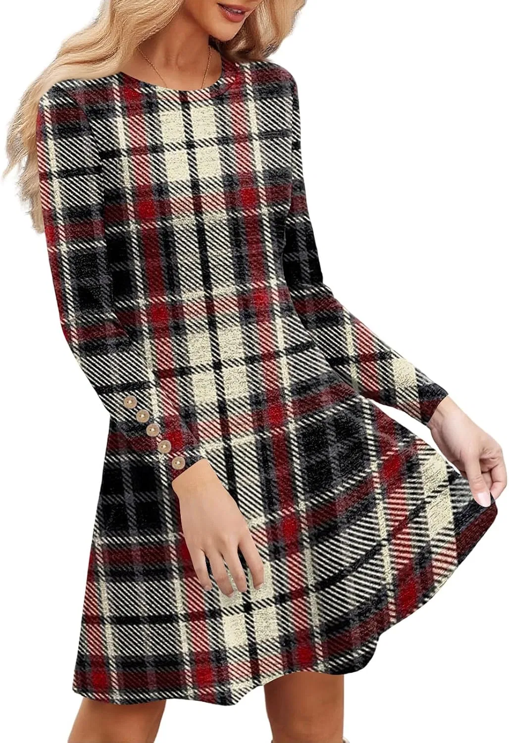 Женское платье свободного кроя с принтом в клетку Long Sleeve, Vermilion — фото 2