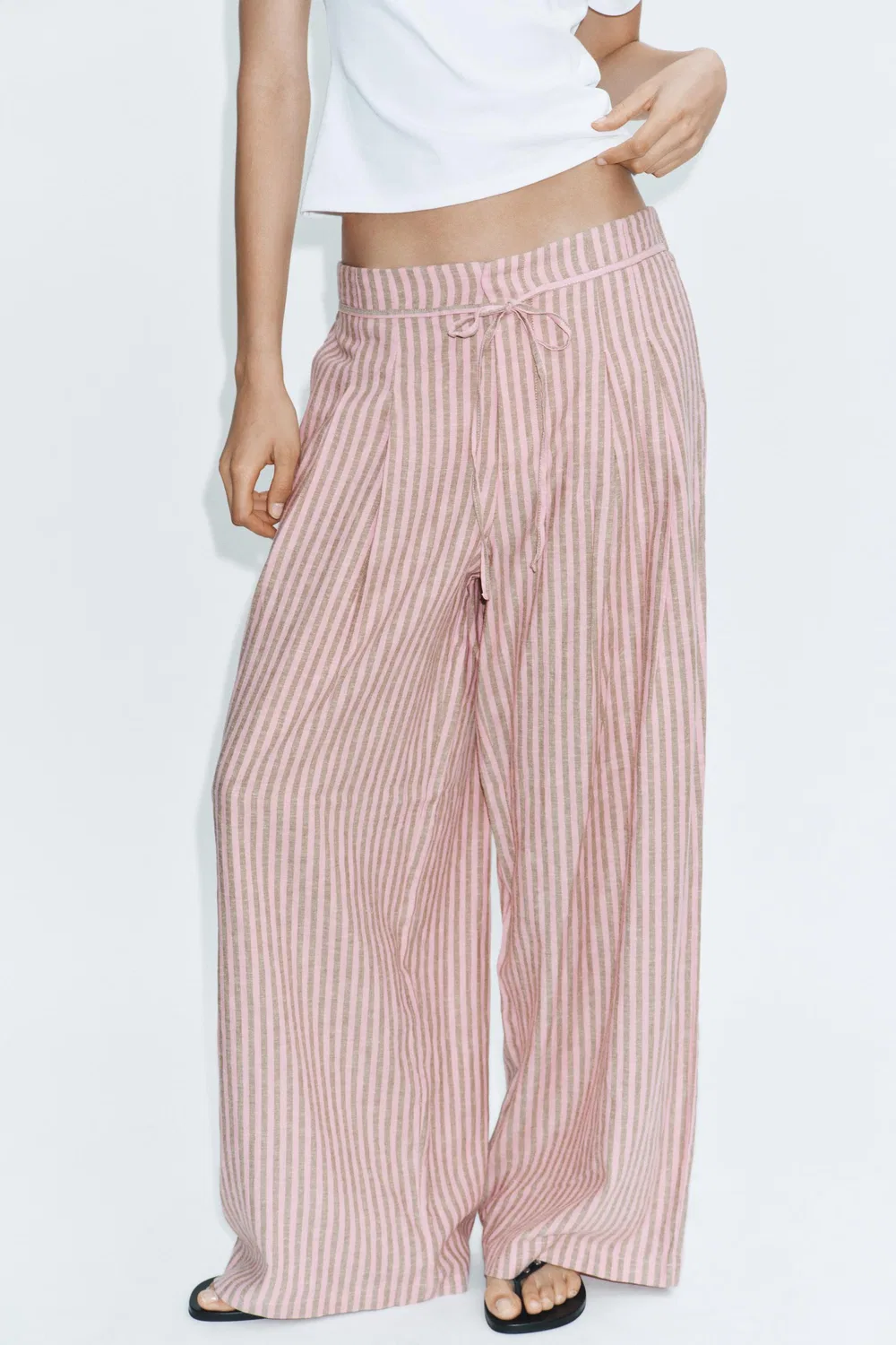Полосатые брюки из льняной смеси на шнуровке ZARA, Pink — фото 2