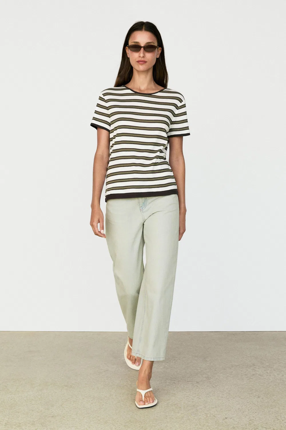 Футболка Massimo Dutti 100% Cotton Short Sleeve Striped, хаки — фото 3