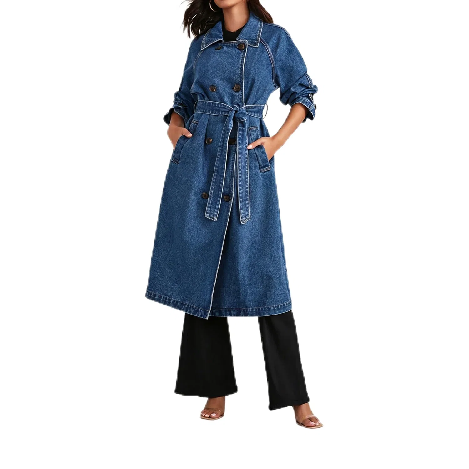 Женское джинсовое пальто с поясом Vintage Casual, Blu