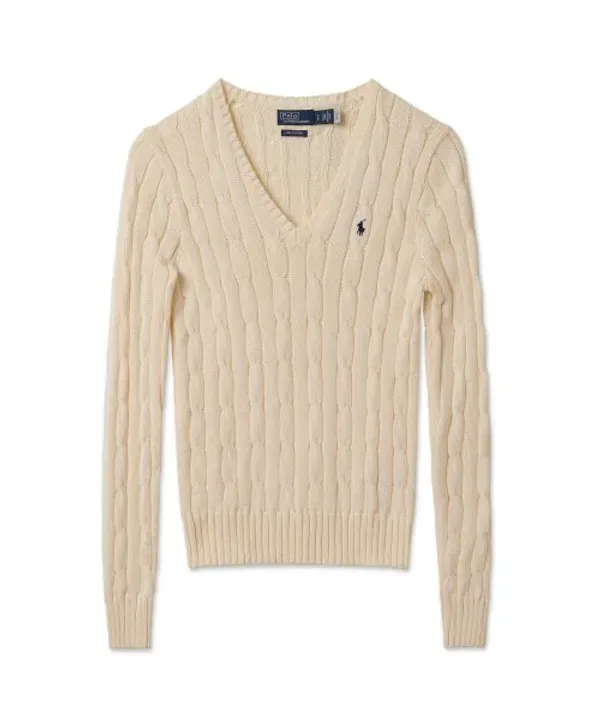 Свитер с V-образным вырезом, кабельная вязка, хлопок, Polo Ralph Lauren, натуральный