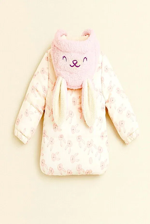 Детское пальто для девочек с принтом Cute Rabbit Patterned Dekubaby, Bej-Pudra Pembe — фото 4