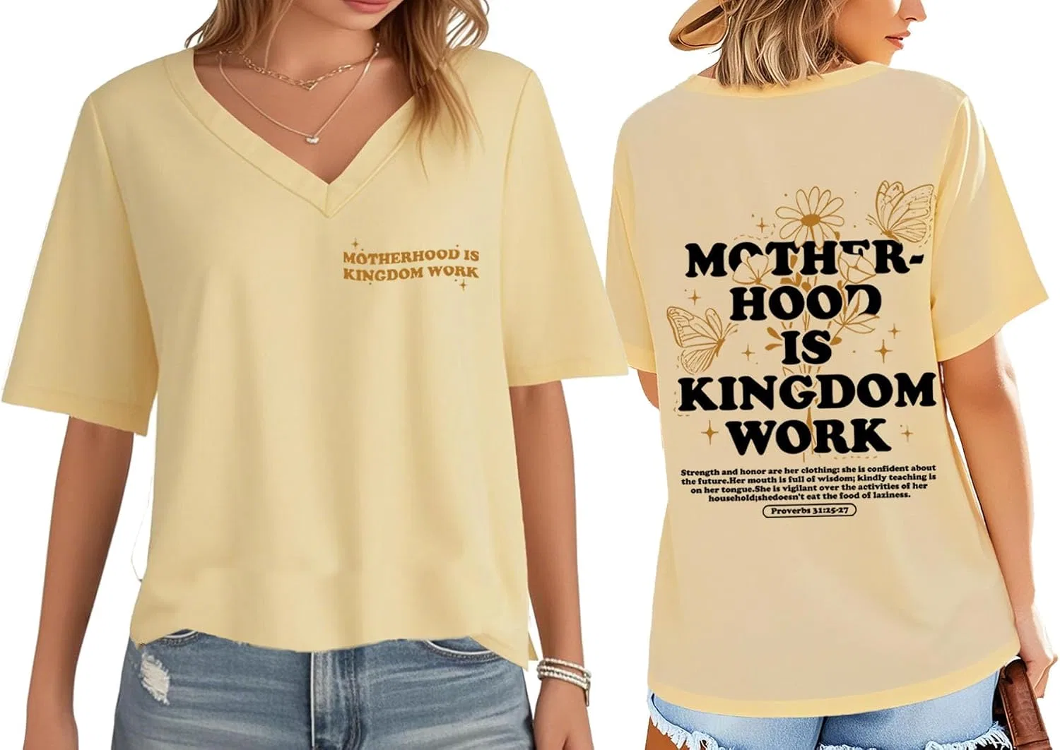 Футболка с принтом Letter Print V-образным вырезом, Creamy Yellow