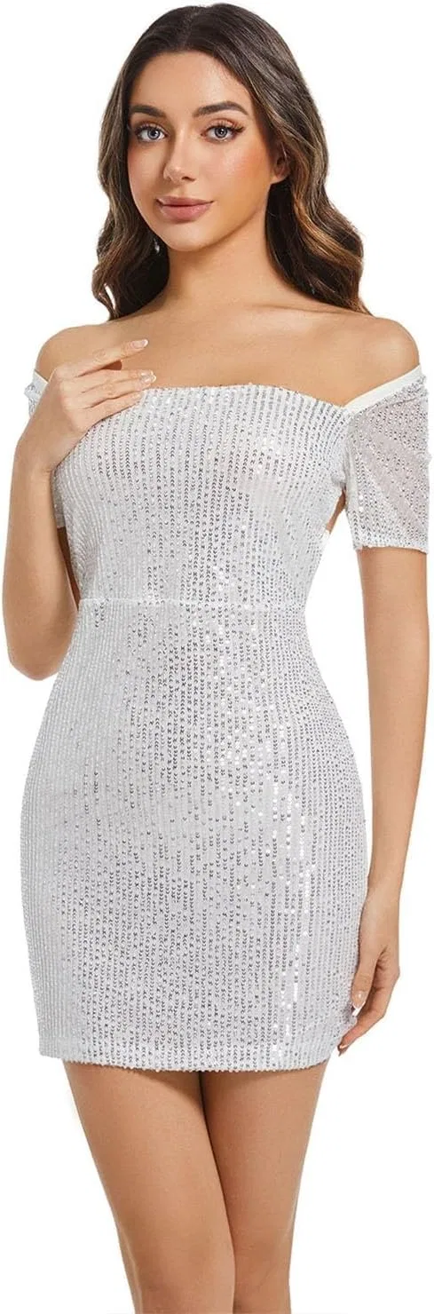 Женское коктейльное платье с пайетками Bodycon Backless, White