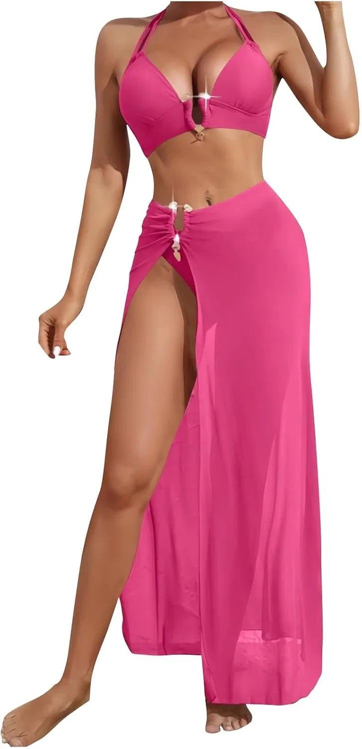Женский купальный костюм 3 предмета с юбкой-накидкой, Hot Pink