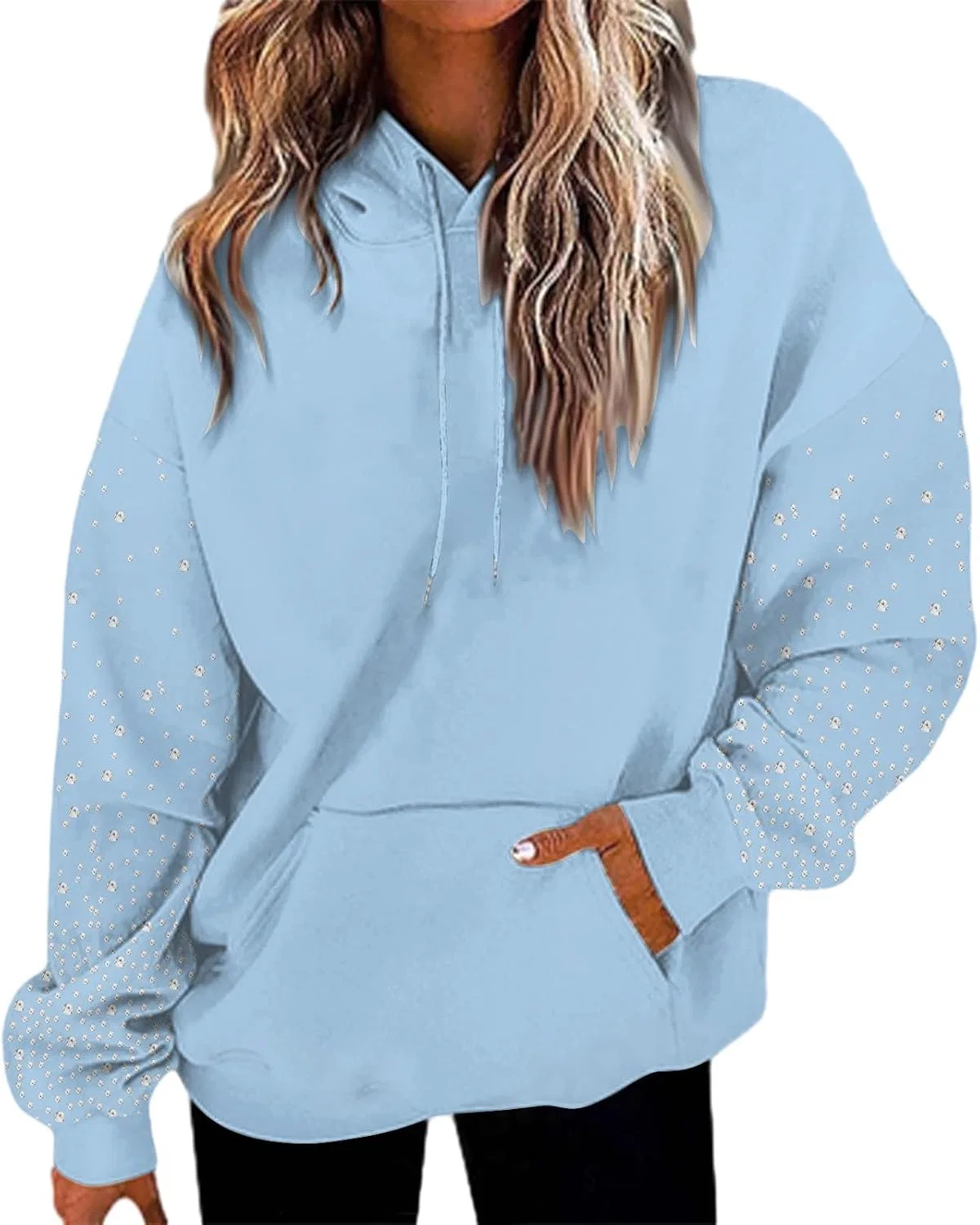 Женское худи с блестками и стразами, с длинным рукавом, Oversized, Y2K, голубой