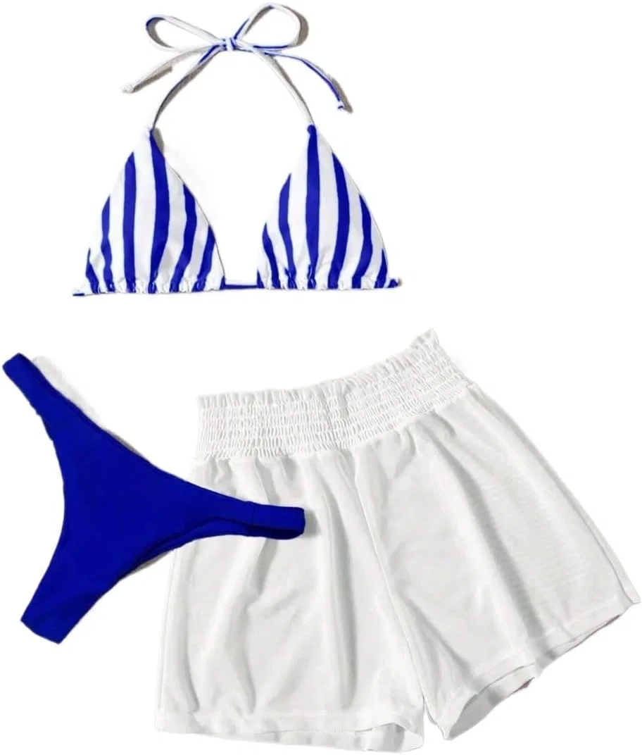 Женский бикини-комплект из трёх предметов с высокой талией, полосками, Blue/White