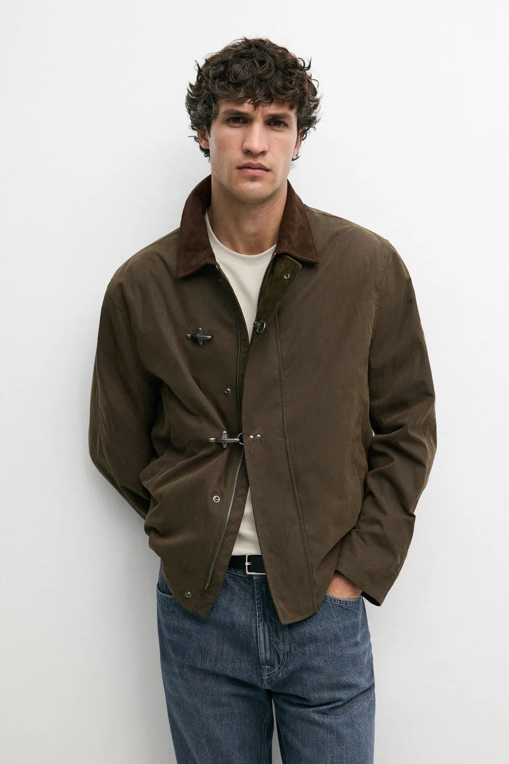 Куртка Massimo Dutti, кожаный воротник, темно-хаки — фото 2
