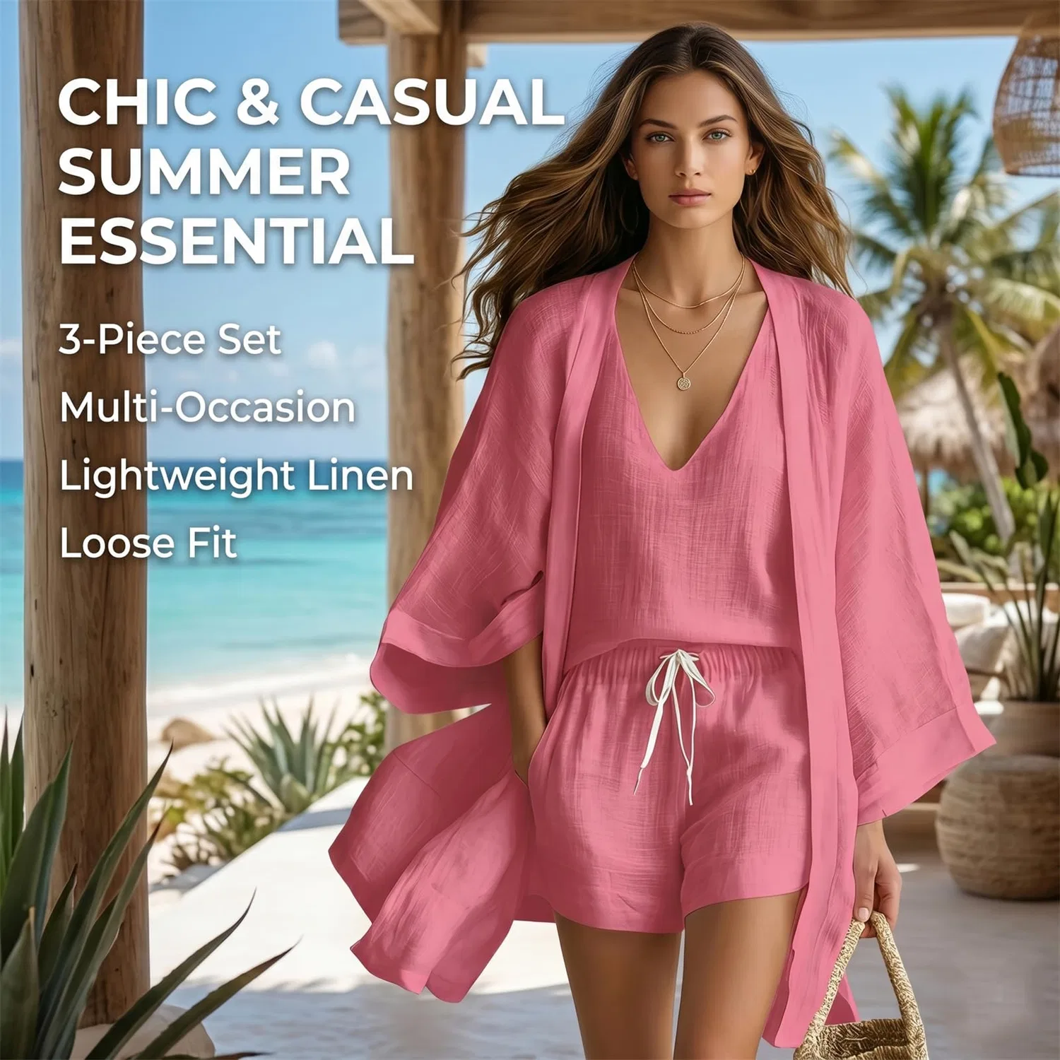 Женский комплект из кардигана и шорт с кулиской, Lightweight Layered Three Piece Set, Pink — фото 3