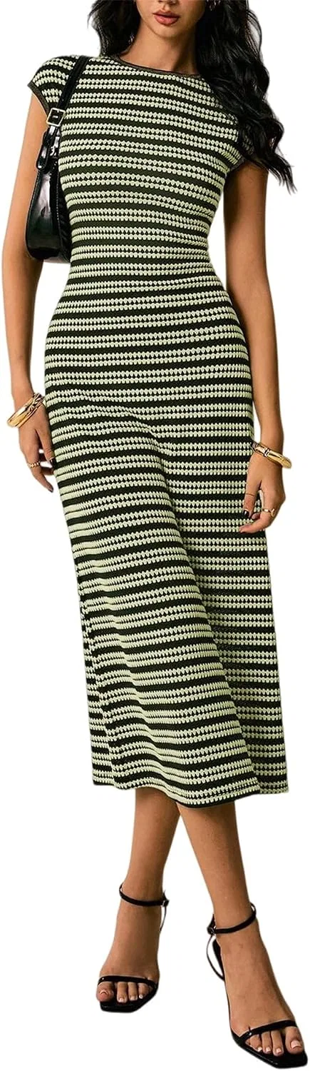 Женское платье-трапеция с принтом, Summer Striped Dress, зелёный