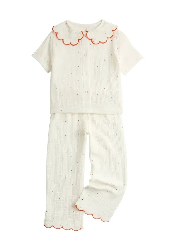 Пижамный комплект из хлопка Spotty scallop neck Marks & Spencer, Ivory Mix, слоновая кость — фото 4