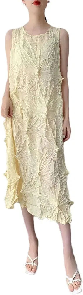 Женское платье миди с плиссировкой без рукавов, Light Yellow