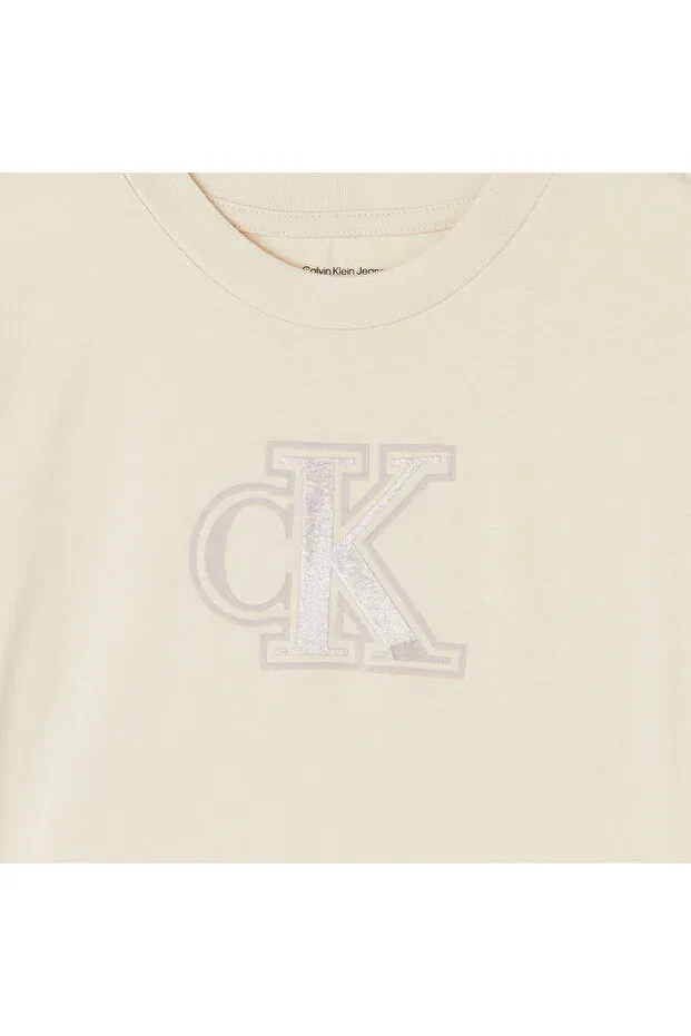 Детская футболка для девочек с принтом Velvet Monogram Boxy Calvin Klein, Nude Color — фото 2