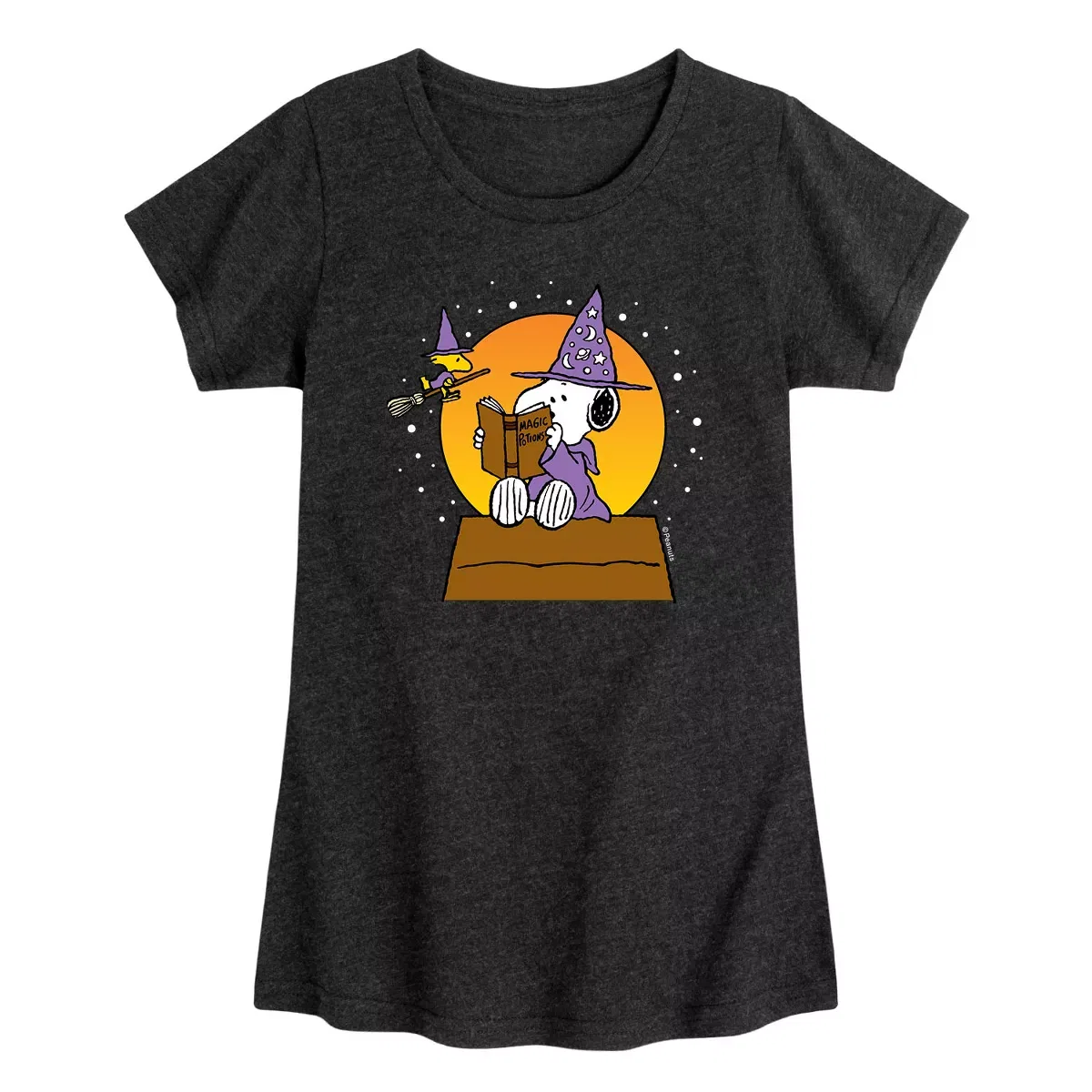 Детское футболка для девочек с принтом Snoopy and Woodstock Halloween Witches Peanuts, Heather Black