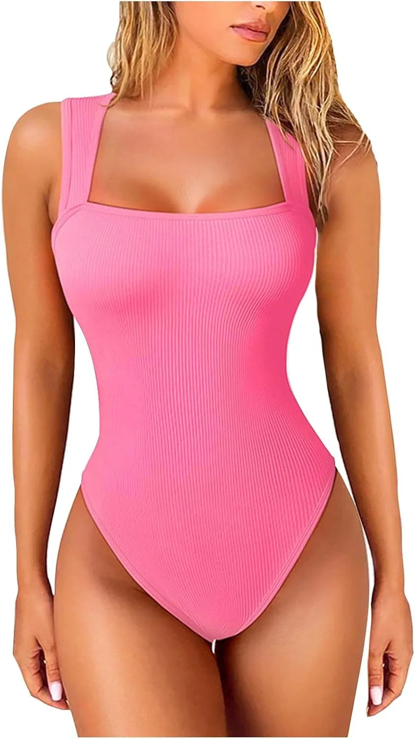 Женский слитный купальник с квадратным вырезом Ribbed Tummy Control, Hot Pink