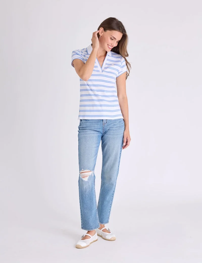 Женская футболка-поло U.S. Polo Assn. Tipped Split Neck Stripe, белый/голубой — фото 3