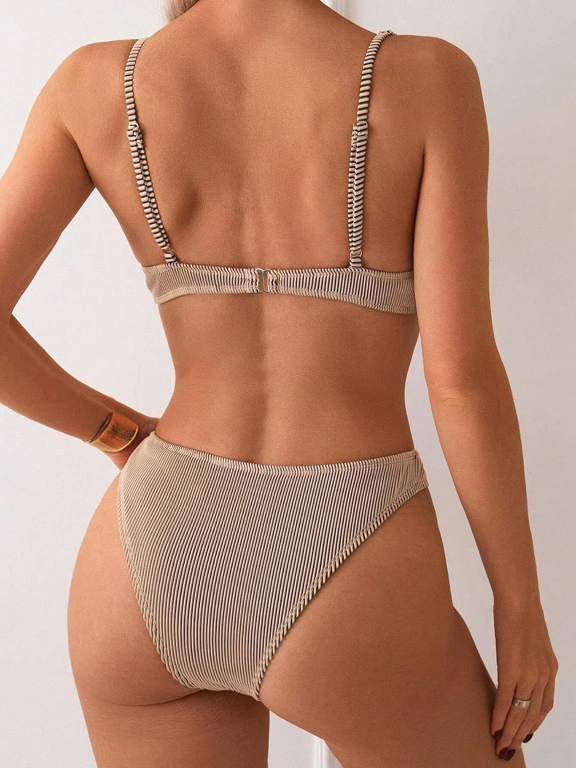 Женский купальник бикини с завышенной талией Push Up Ruched, Mocha Brown — фото 3