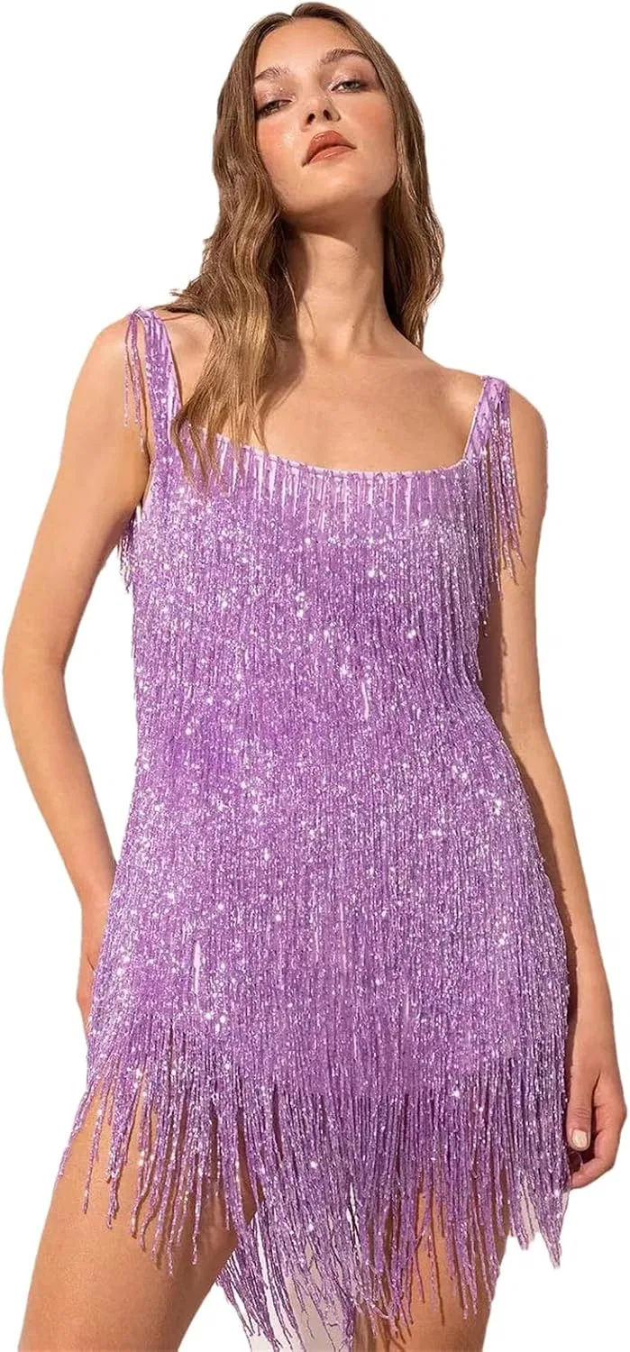 Женское платье мини с пайетками и бахромой, Purple