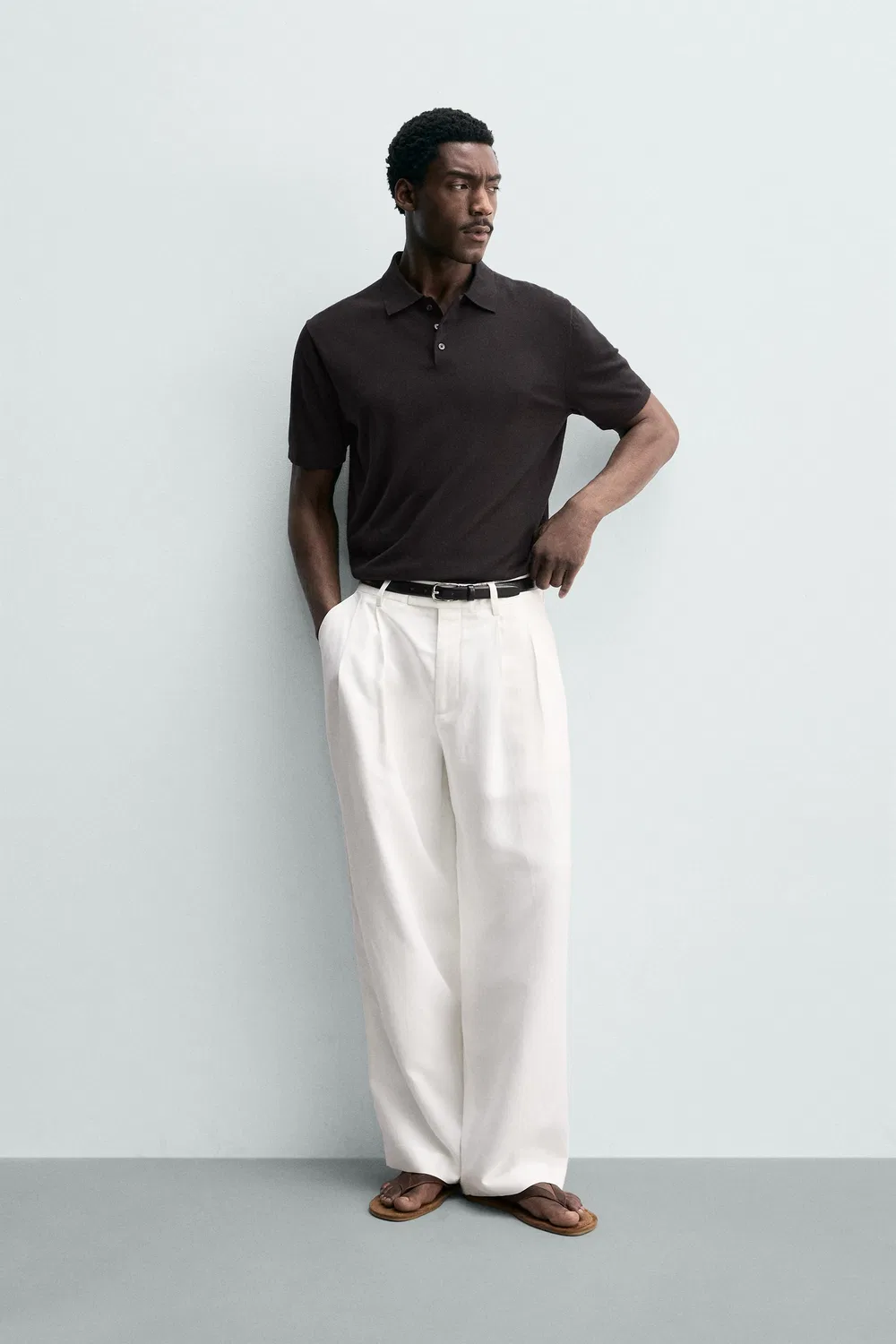Поло из трикотажа из хлопковой смеси, стандартного кроя ZARA, Dark Brown