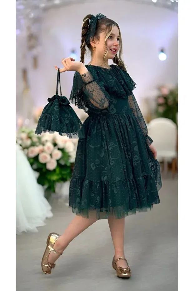 Детское платье для девочек кружевное с принтом Princess lace girls' buckled festive layered party dress with bag birthday Dolce Kids, Green — фото 3