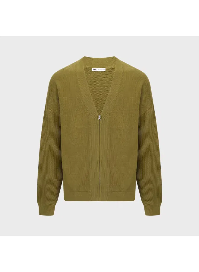 Кардиган с V-образным вырезом, хлопковый, Zara, коричнево-зеленый — фото 2