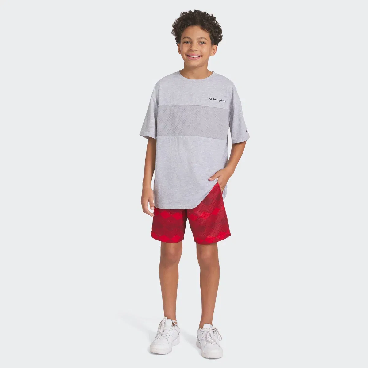 Детская футболка с сетчатой вставкой Oversized Mesh Panel KIDS CHAMPION, Heathered Gray — фото 2