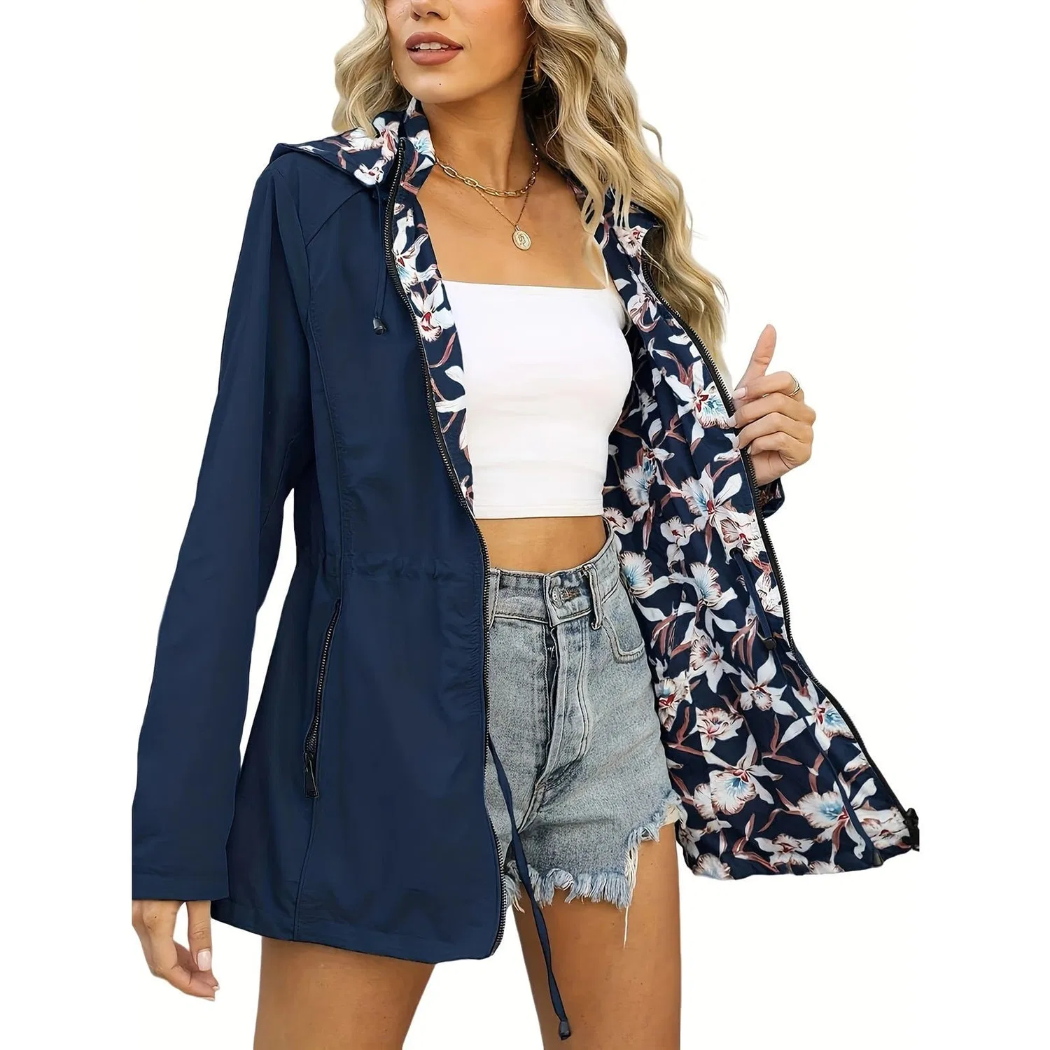 Женская непромокаемая куртка с капюшоном и принтом для холодной погоды, A8 Blu Navy