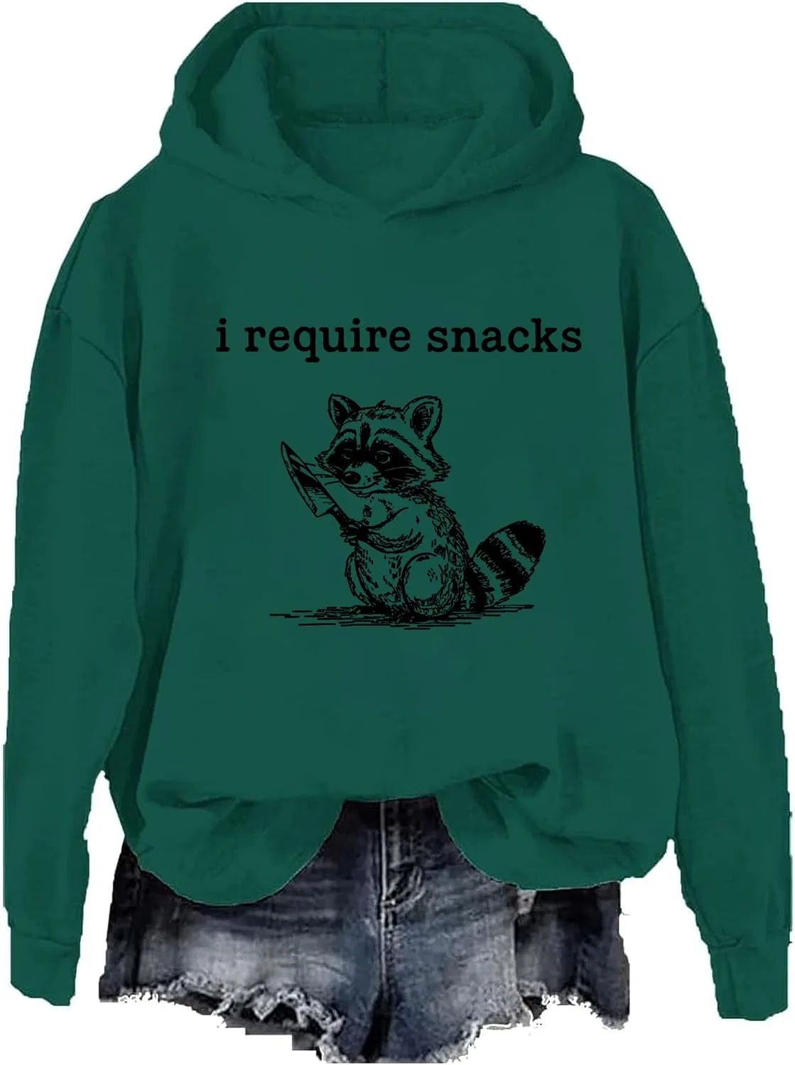 Женское худи с принтом I Require Snacks Raccoon, зелёный