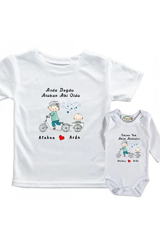 Детское боди-комбинезон с принтом Brother and sister bicycle themed written personalized children's 2-piece combination Asilcomkids, White