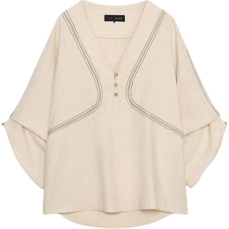 Женская рубашка с V-образным вырезом Light Beige, ZARA