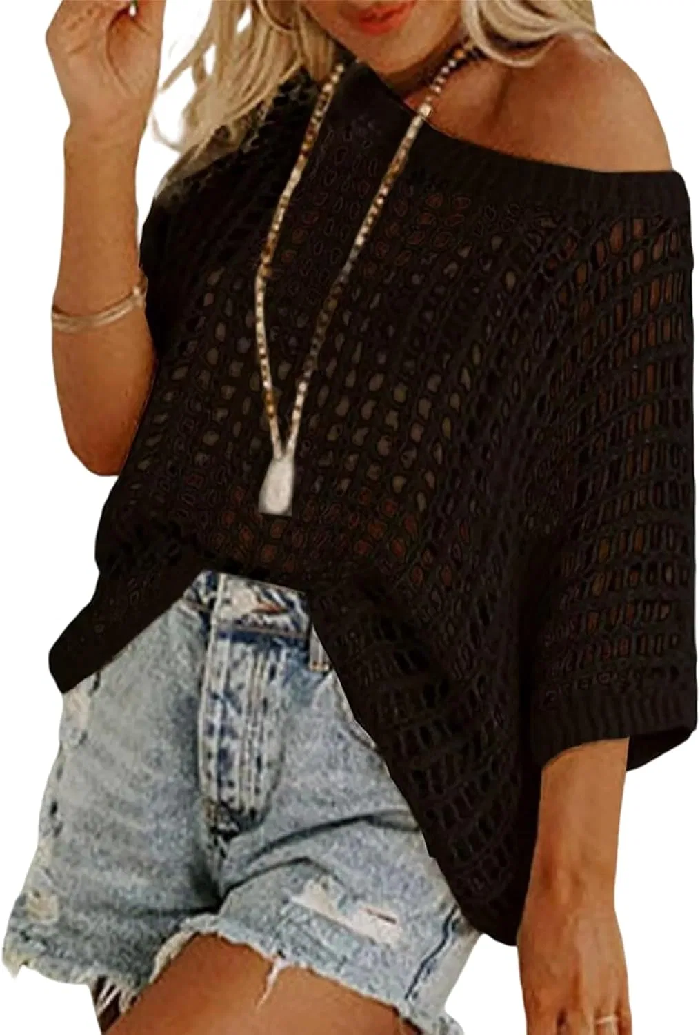 Женский летний ажурный свитер-накидка с открытыми плечами 000273sweater, Black