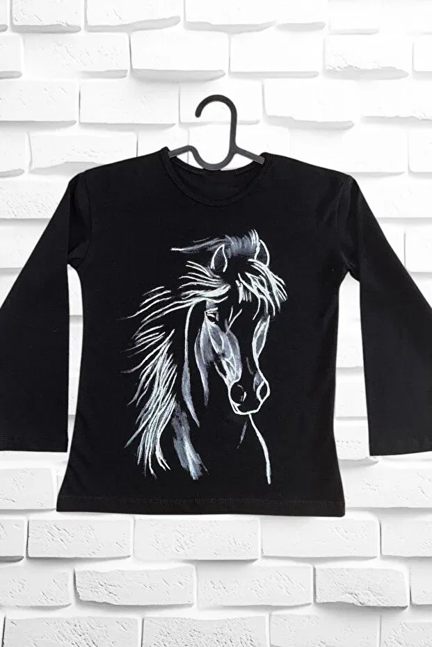 Детские свитшот для девочек с принтом Horse Drawing Printed Long Sleeve Swit Öykü Kids, Black