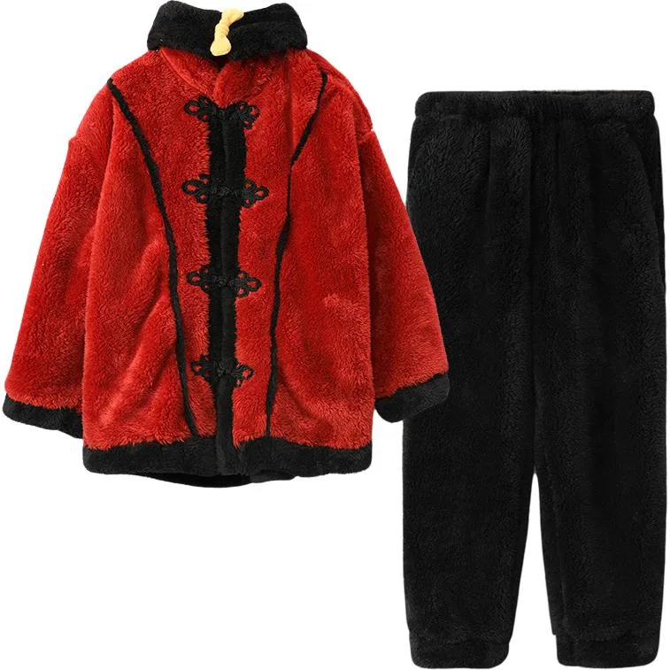 Детский комплект пижамы с принтом Red bean Red Bean loungewear patchwork stand-collar long-sleeved top and solid color trousers, China Red