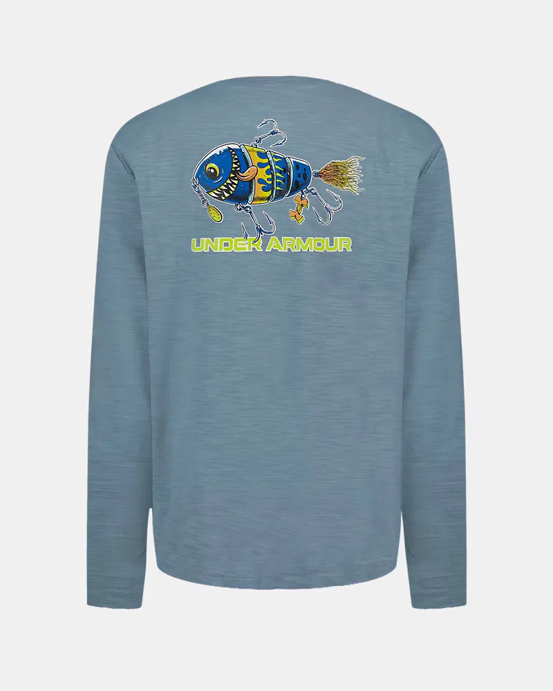Футболка с длинным рукавом для мальчиков из хлопка с принтом UA Lured In UnderArmour, Blue Wind/Green Citrine — фото 3