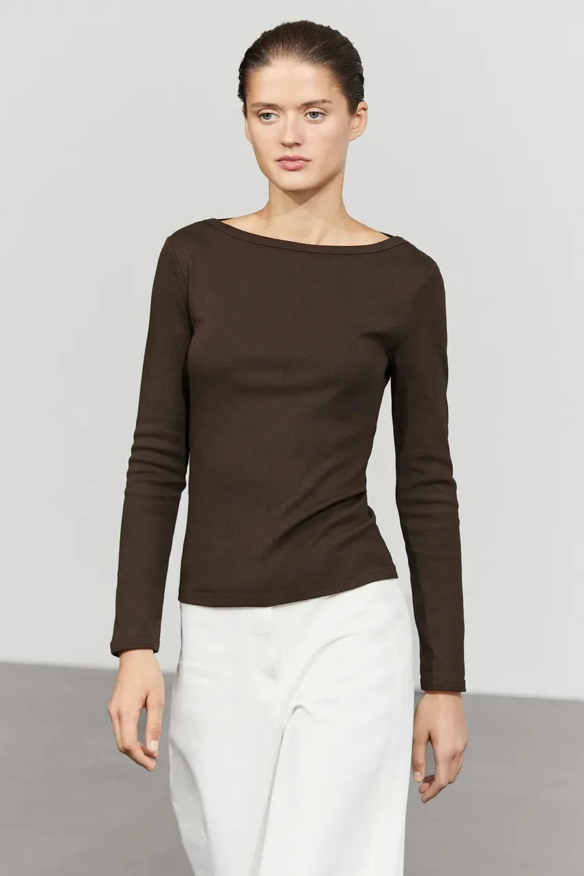 Лонгслив Massimo Dutti 100 % Cotton с вырезом лодочка, коричневый