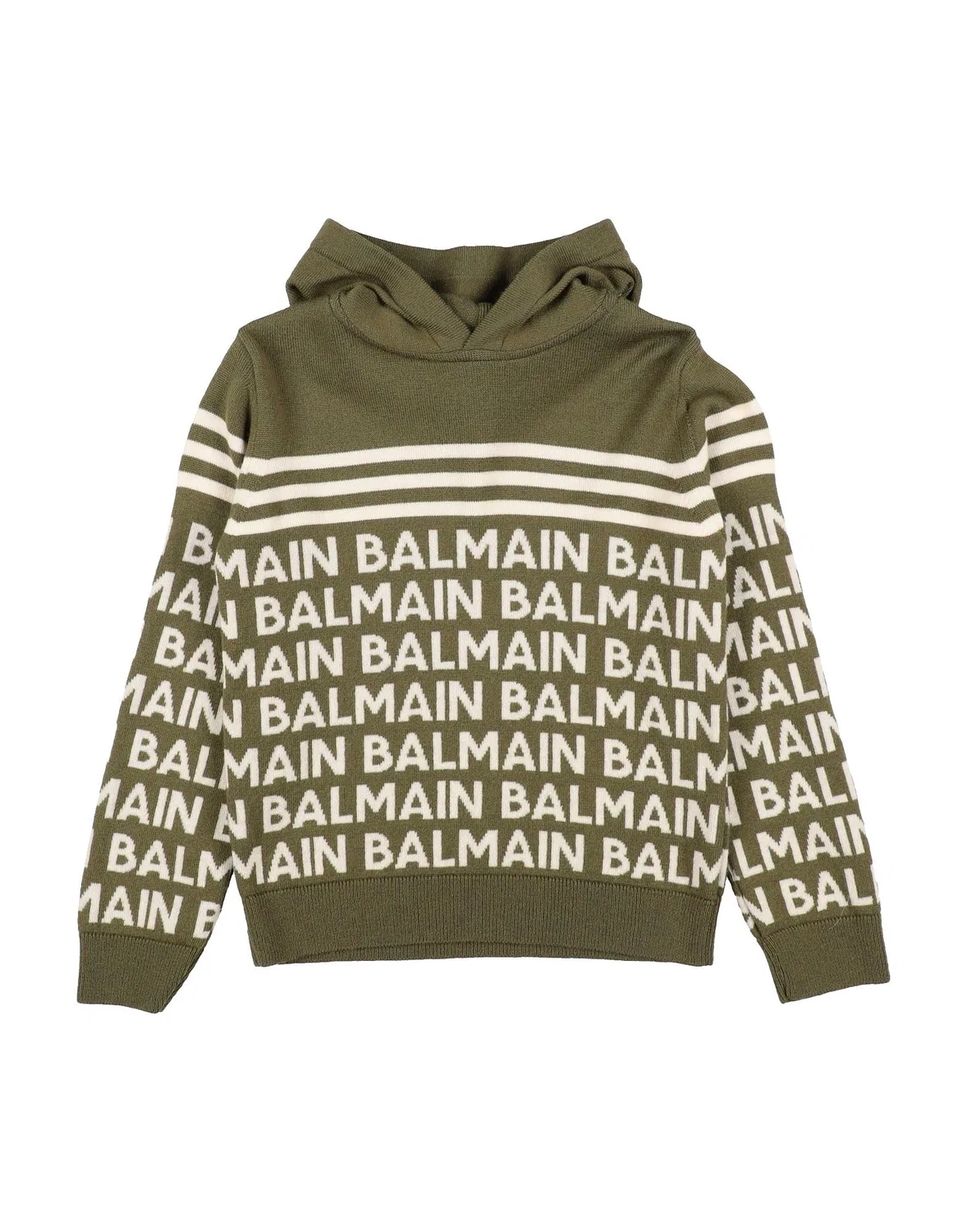 Детский жаккардовый свитер с капюшоном Balmain, темно-зеленый