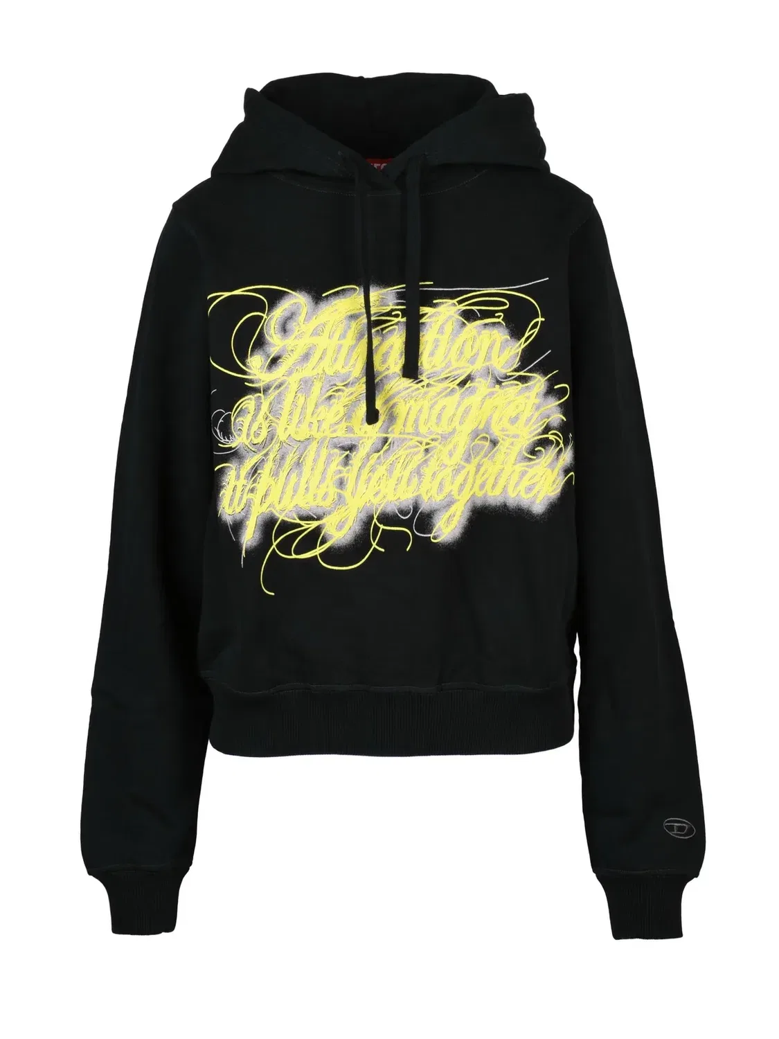 Женское худи с капюшоном и графическим принтом Cropped Black Hooded Sweatshirt With Artistic Graphic Design Diesel, черный
