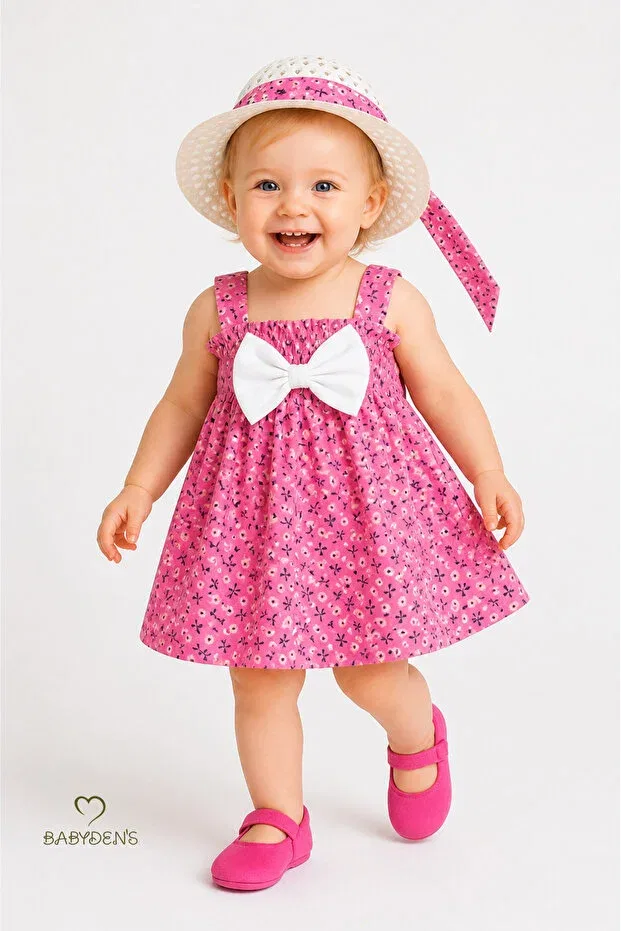 Детское платье для девочек с принтом Baby Girl Floral Patterned Bow Summer Dress And Hat Set Babyden'S, Pink